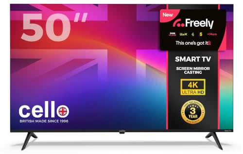 Cello C50RK4K 50” Smart Roku HD TV with Freely, Netflix, Disney+, Apple TV+, BBC iPlayer, ITVX, voice remote control, Phone mirroring.