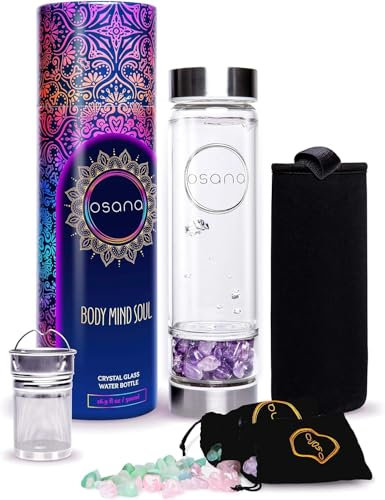 OSANA Kristall-Wasserflasche mit 3 austauschbaren Heilkristallen – Amethyst, Rosenquarz, grüner Fluorit – Teeflasche mit losen Blättern – Gem Elixir infundiertes Glas – 480 ml