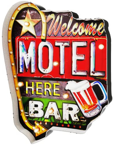 Cartel Retro Luminoso Motel Hotel Bienvenidos Estilo Vintage Letrero Metálico Artesania Accesorios para Decoración Hogar de los Años 50 Bar