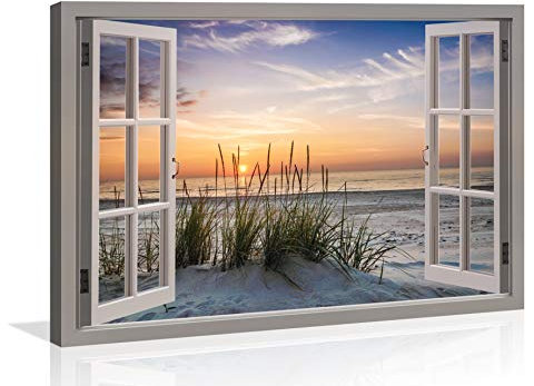 Visario 120 x 80 cm Bild auf Leinwand Fensterblick Düne deutsche Marke und Lager, fertig gerahmt.