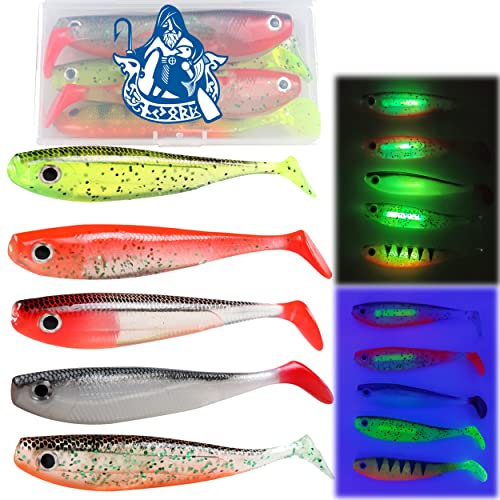 Messeneuheit 2023 Gummifische Set mit Knicklicht/Lockmittel/Rassel Kanal 12cm 5X | Gummifisch Köder mit 3D Augen & realistischen Dekor | Raubfisch Angel Köder in Köderbox für Zander Hecht Barsch
