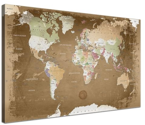 Stilvolle Pinnwand Weltkarte - Oldstyle - Deutsch in 80 x 60 cm, stabile Rückwand zum Pinnen inkl. Starterkit - Leinwand-Kunstdruck Wandbild Landkarte XXL