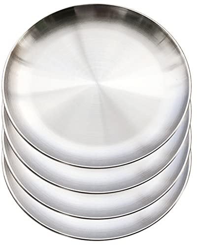 XIACIBDUS 4 Edelstahl runden Geschirr, Barbecue Dish, Kuchenform, Tablett, Oval Platter, Fleisch Dish, Reisplatte, Oval Platten Retro Matte runde Servierplatte Silber Unterteller