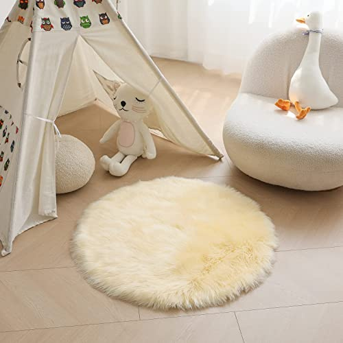 HARESLE Runder Schaffell Kunstfell Teppich, Weicher Schlafzimmer Teppich, Waschbarer Wohnzimmer Teppiche, Flauschiger Runder Kinderzimmer Teppiche (Hellgelb,100cm/40 Zoll)