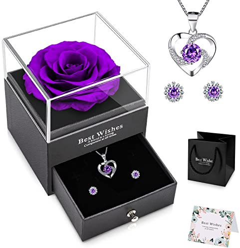 Rosa Eterna Stabilizzata Vera viola Rosa Reale Conservata Eterna con Orecchini Collana in Argento Rosa Eterna Rossa Regali Natale Originali per lei idee regalo natale donna mamma nonna amica coppia