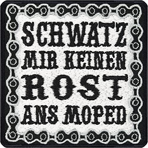 Biker Aufnäher Motorrad Aufbügler Schwatz mir keinen Rost ans Moped Patch zum annähen/aufbügeln | Leder Flicken mit Stickerei Geschenk Applikation für alle Stoffe | 75x75mm