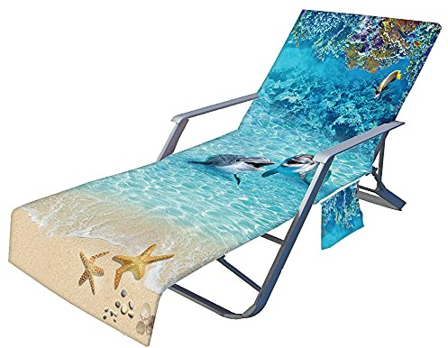 Morbuy Liegestuhl Handtuch mit Taschen, Blau Ozean Drucken Strandtuch für Liegen Strandliegen Handtuch Handtücher für Strandliegen Mikrofaser Leicht Strandtuch mit Kapuze (Blauer Delphin)