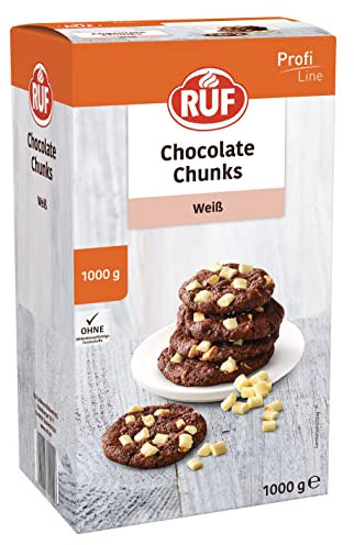 RUF White Chocolate Chunks, backfeste weiße Schokoladen-Tropfen, XXL Schoko-Drops zum Backen, Schokoladen-Stücke, Chocolate Chips, Vorratspackung 1x1000g