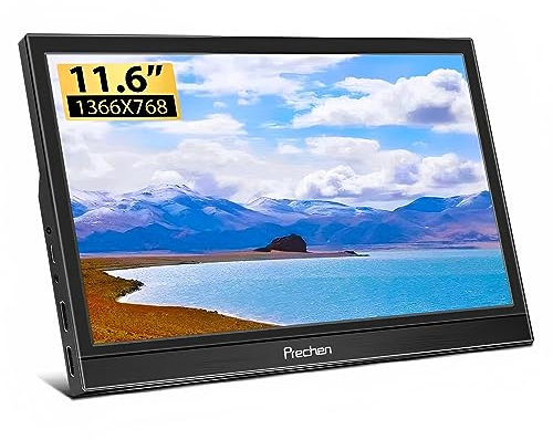 Prechen Monitor portátil, 11,6 Pulgadas 1366 * 768 con HDMI USBC Pequeño Monitor Compatible para PS3 PS4 Raspberry Pi 3 2 1 Mini Monitor con Doble Altavoz Incorporado y Kickstand