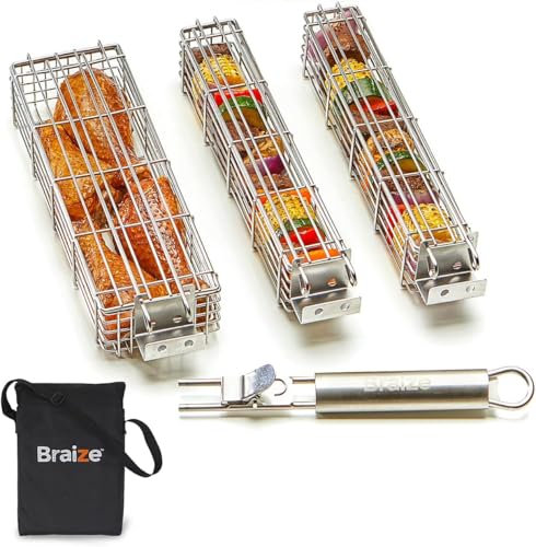 Kabob Grilling Baskets Set of 3 12 x 2 x 2 – Stainless Steel BBQ Grill Basket with Removable Handle & Latching Lid – Vegetable and Meat Grill Basket for Outdoor Grill and Campfire Cooking