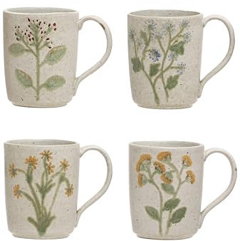 Bloomingville Modern Stoneware Flower Design, Cream, Set of 4 Mugs