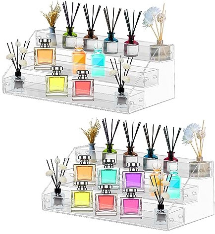 mumisuto Pack de 2 Organizador Perfumes 3 Nivele, Expositor Perfumes de Acrílico Transparente, Organizadores de Maquillaje Verticale Versátil, para Pop Figuras, Cupcake, Maquillaje y Condimento
