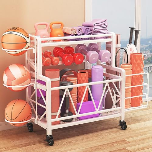 Hantelständer, Aufbewahrungsregal für Fitnessgeräte, Yoga Matte Regal, All-in-One-Fitness-Organizer mit Rollen (Color : Wit)