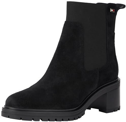 Tommy Hilfiger Damen Chelsea Boots Flag Mid Heel Suede aus Wildleder, Schwarz (Black), 39