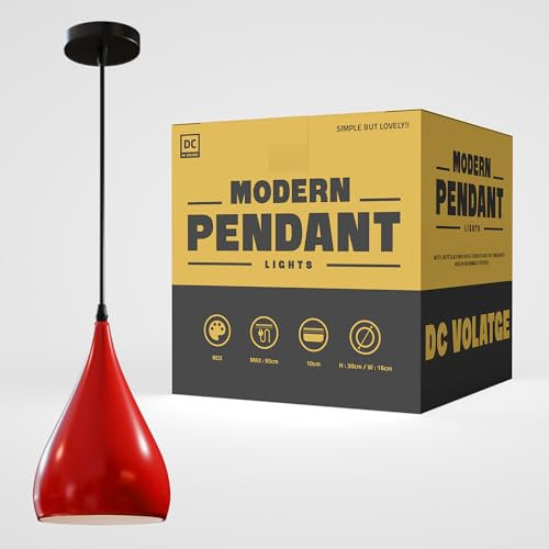 DC VOLTAGE Moderne Deckenpendelleuchte - E27 Hängeleuchte mit verstellbarer Fassung für Wohnzimmer und Küche - Metallschirm in Tropfenform (Rot)