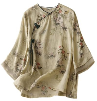YM YOUMU Camicetta da donna estiva con maniche a 3/4, ricamo tradizionale cinese, in cotone e lino etnico, Qipao