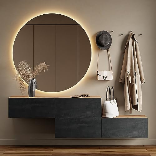 Planetmöbel Flurgarderobe 2X 140 cm inkl. Spiegel rund mit Beleuchtung 100 cm, Gold Eiche - Schwarz Charcoal, Flur Möbel mit Spiegel, 2X 37,8T x 140B x 32,5H cm