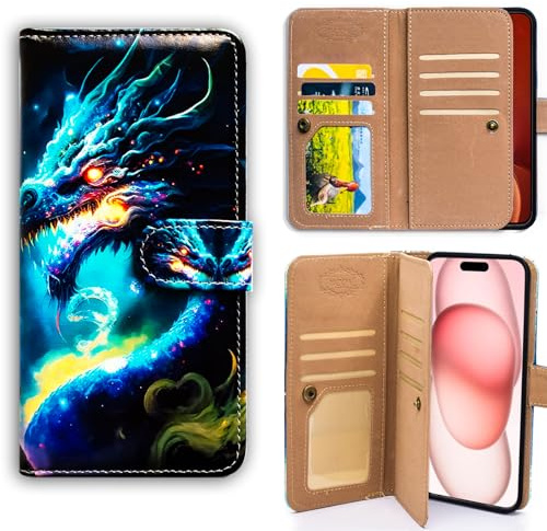 Bcov Case For iPhone 16 Pro Max,Blue Dragon Multifunction Leather Phone Case Wallet Flip Cover with Multi Card Slots Pocket Wrist Strap for Apple iPhone 16 Pro Max
