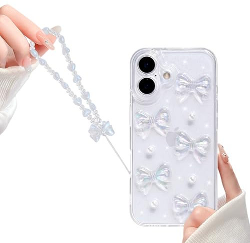 Reownest Clear for iPhone 16 Case, Cute Bling 3D Bowknots Pearl Aesthetic Pattern, Glitter Sparkle Back Lens Protective Phone Cover for Women Girls +Chain