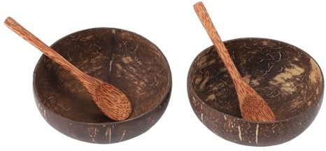 Sunicon 2 Sets Kokosnussschalen-Schalen, Mehrzweck-sichere Kokosnussschalen-Schüssel, Kokosnuss-Smoothie-Schalen mit Holzlöffel für die Küche zu Hause