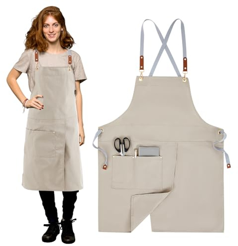 Langyiwee Delantal de cerámica con bolsillos grandes, delantal cruzado para hombres y mujeres, delantal dividido con correas ajustables, delantal de lona beige para cerámica, manualidades, pintura,