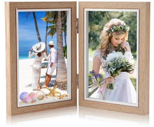 Jinsion Double Photo Frame 6x4, Hinged Folding Picture Frame | Holds 2 Standard Wooden Photo Frame, Stand Vertical Double Picture Frame, 6x4 Photo Frames for Wedding or Family Photo