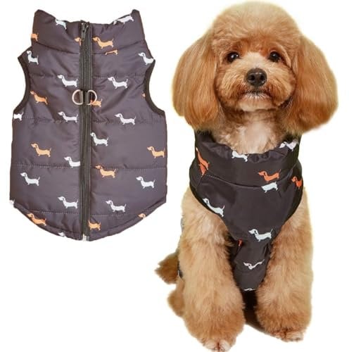 Asmea Hundemantel Winter Hundejacke Warme Hundemantel für Kleine Hunde Winddichte Hundeweste mit Geschirr Loch Schwach Wasserdicht Weihnachten Hundejacke für Chihuahua Dackel Schwarz M