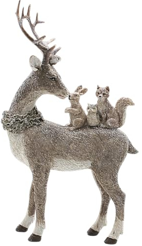 Dekohelden24 Hirschdeko, Deko-Rentier, Deko-Hirsch, Hirsch mit Geweih und 3 Eichhörnchen auf dem Rücken aus Keramik in grau, Größe L/B/H ca. 16 x 5 x 26 cm.