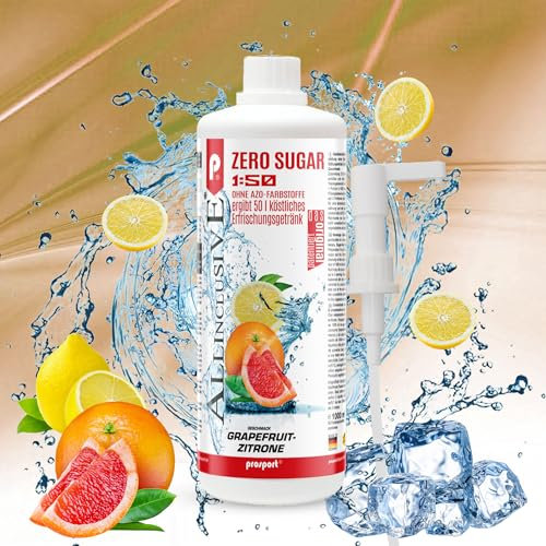 Prosport Allinclusive® Grapefruit-Zitrone 1000ml + Dosierpumpe – ZERO SUGAR Sirup mit Vitaminen – Premium Getränkekonzentrat 1:50 – Ohne Zucker, Aspartam & Azofarbstoffe – Perfekt für Wassersprudler