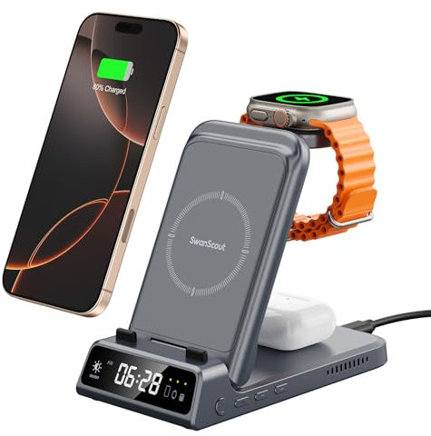 Wireless Charger for iPhone, SwanScout 703A, 3-in-1 Charging Station for iPhone 16e/16 Pro Max/16 Pro/15/14/13 Series, Charger Stand for Apple Watch Ultra 2/10/9/8/7/Air-Pods, No Adapter (Tech Gray)