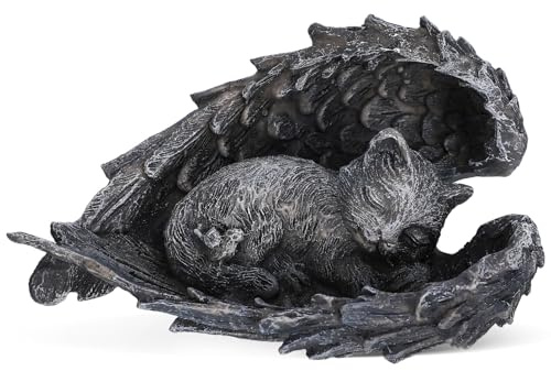 Yardwe Angel Cat Figurine Resin Sculpture Memorial Pet Statue with Wings Small Grey Sleeping Cat Garden Ornament for Indoor and Outdoor Decoration