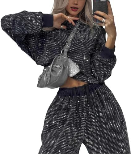 Veriliss 2-Teilig Damen Trainingsanzug Glitter Pailletten Outfits Mädchen High Waisted Langarm Lounge Set (Schwarz,M)
