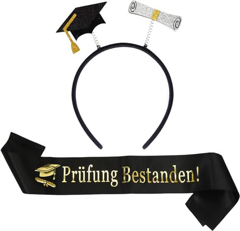 Bestandene Prüfung Schärpe,Prüfung Bestanden Abschluss Hut,Schwarzes Gold Abschluss Deko 2025,Abitur Graduation Hat für Abschlussfeier,Prüfung Bestanden Haarband Girlande,2025 Graduation Party Deko