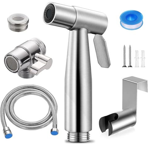Discoball Handheld Bidet Sprayer Stainless Steel Toilet Bidet Spray Head, Bathroom Shower Bidet Tap Spray Toilet Cleaning Faucet Bidet Shower with Adapter and 1.5m Hose for Bathroom Cleaning (Silver)