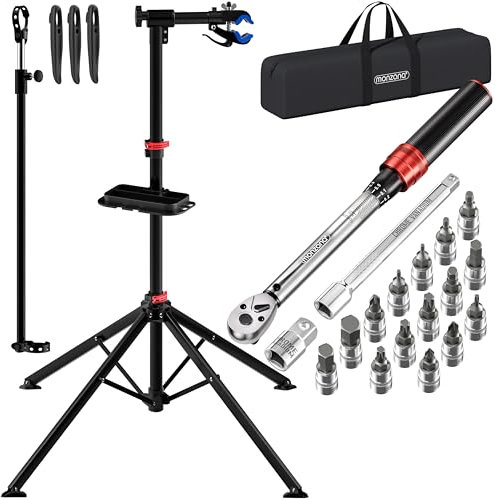 MONZANA® Pied d'atelier vélo Pliable 30kg clé dynamométrique 1/4' 1-25 Nm 18 pcs boîte Sac de Rangement Pied de réparation vélo Support VTT