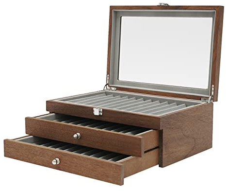 HOARLICN füllfederhalter vitrine, 3 Ebenen stiftevitrine 34 stifthalterbox holz fountain pen display box Sichtbarer Deckel mit Praktische Griffe für Füllfederhalter