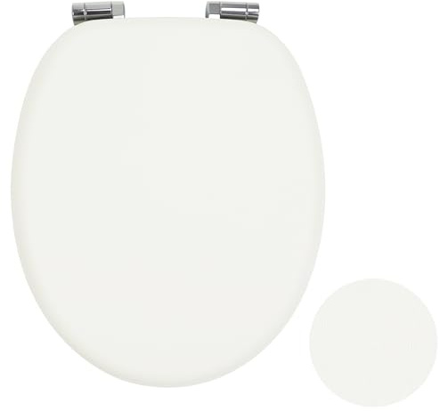 Fanmitrk Universal Wooden Toilet Seat Soft Close, Made of MDF with PVC Leather-Look Material, Adjustable Hinges with Bottom Fixture, Easy to Install for Bathroom43.5 x 37.3 x 5.5 cm (Ivory White)