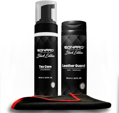 Leather Start Lederpflege Set – Leather Guard Premium Lederpflege + Tex Care Lederreiniger – für Auto, Möbel & Taschen – inkl. Black Shadow Mikrofasertuch – Glatt-, Velours- & perforiertes Leder