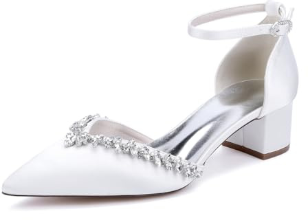 TNMIUH Scarpe da Sposa Eleganti con Tacco Medio, Punta Affusolata, Decorazioni in Cristallo, Cinturino alla Caviglia, Bianco/Avorio Satinato Scarpe col Tacco da Sposa Comode