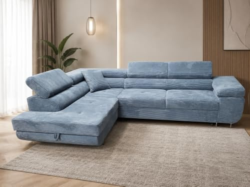KMK GNYCH Sofa Aston 275x202x90 cm, Schlaffunktion, Hellblau, Links | L-Form Ecksofa, Modern Couch mit Bettkasten, Weiches Sofa fürs Wohnzimmer, Schlafsofa, Eleganter Lincoln Stoff