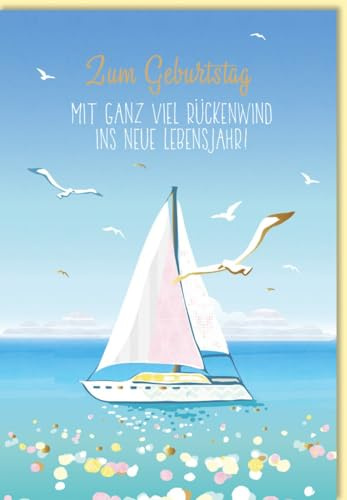Gutsch Verlag Geburtstagskarte Segelboot maritim mit Möwen und Blumenwiese geschäftlich modern Glückwünsche zum Geburtstag für Kollegen - mit Umschlag