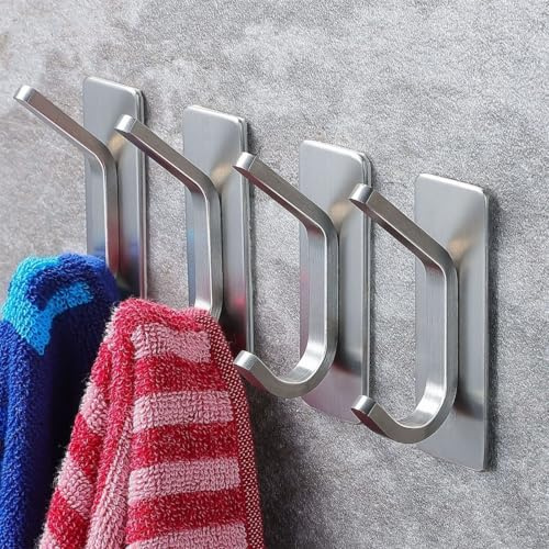 TKLake Silver Self Adhesive Hooks No Drill Stainless Steel 4 Pack for Wall