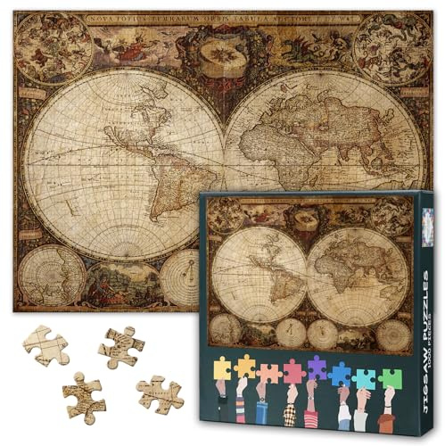 Vintage World Map Puzzles for Adults 1000 Pieces, Ancient Map Jigsaw Puzzles, Adult Puzzle for Adults, Educational Fun Games or Toys for Elders Friends 20X27 INCH
