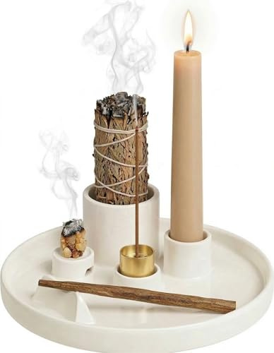 5 en 1 soporte de incienso de cerámica multifuncional con bandeja para cenizas, quemador de incienso para quemar salvia, palo santo y conos de incienso, para decoración del hogar, meditación y yoga