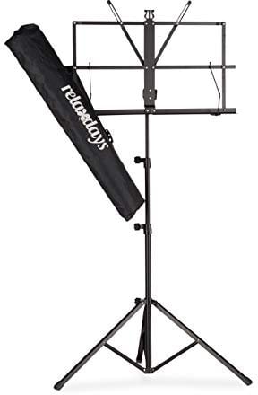 Relaxdays, Schwarz Notenständer mit Tasche, Notenpult, Orchesterpult, Notenablage, klappbar und leicht, 60-130 cm, Standard