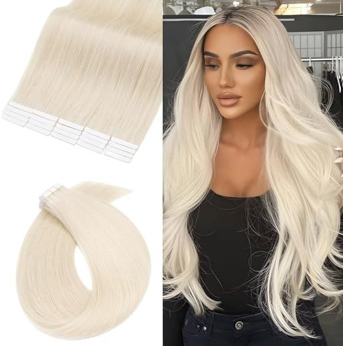 UK-Fashion-Shop Tape Extensions Echthaar 100g Haarverlängerung 100% Echthaar Extensions Tape In 40 Tressen Glatt Bleichmittel Weiß #70 (24zoll-60cm)