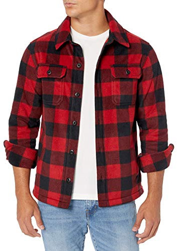 Amazon Essentials Men's Long-Sleeve Polar Fleece Shirt Jacket for Winter, Red Buffalo Check, L