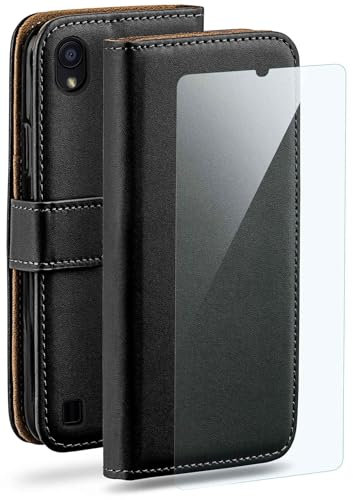 moex 4 in 1 Set für ZTE Blade A5 2020 Hülle mit 3X Schutzfolie, Handyhülle Kartenfach [Book Case Klapphülle + FlexProtect Folie] Schutzhülle 360 Grad Komplettschutz, Schwarz