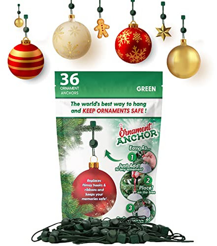 ORNAMENT ANCHOR Ornament Hooks for Hanging Christmas Decorations - No-Slip Hanging Hooks for Xmas - Heavy Duty Christmas Tree Ornaments Hanger Hooks for Small & Large Ornaments (Green, 36 Count)