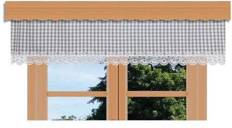 kollektion MT Querbehang Hannah mit Vogtländischer Spitze – hochwertige Landhaus-Gardine grau-weiß kariert | rustikaler Baumwollstoff Blickdicht | Volant mit Reihband Höhe x Breite 30 x 280 cm